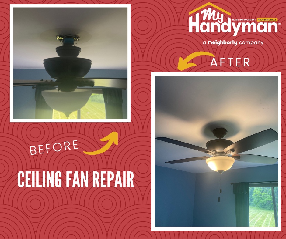 Before and after photos showcasing a ceiling fan repair.  The 'before' image reveals a dusty, malfunctioning ceiling fan with visibly worn blades and a loose connection, casting an ineffective, stuttering spin.  The 'after' photo depicts the same fan revitalized: clean, with blades securely fastened and perfectly aligned, now circulating air smoothly and efficiently.  The transformation highlights the Service Professional's meticulous repair and maintenance work, restoring the fan's functionalit