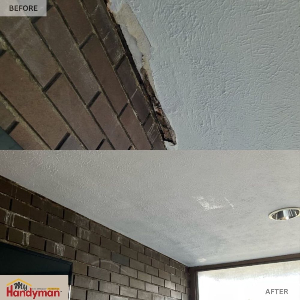Before-and-after ceiling drywall repair showing damaged area patched and retextured by My Handyman of Ann Arbor, Saline, and Chelsea.