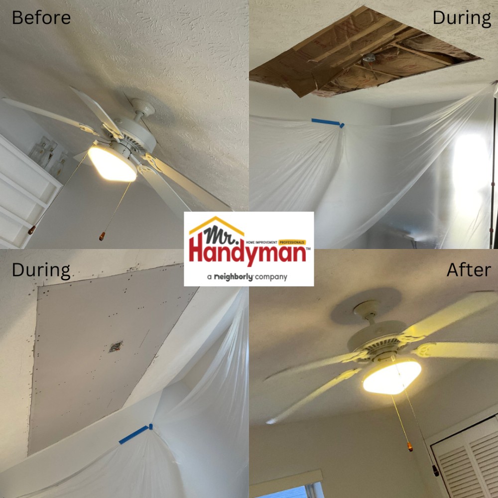 Ceiling drywall repair around fan.