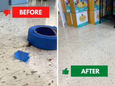 Commercial floor repair showing damaged tile and the restored finished surface.