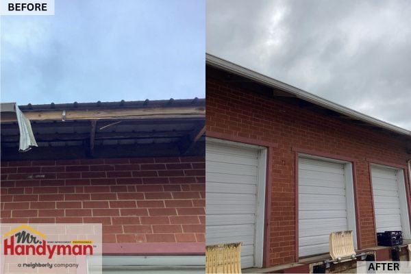 Before and after comparison showing soffit and fascia repair by Mr. Handyman of South Charlotte, with damaged boards replaced and roofline restored on a red brick commercial building.