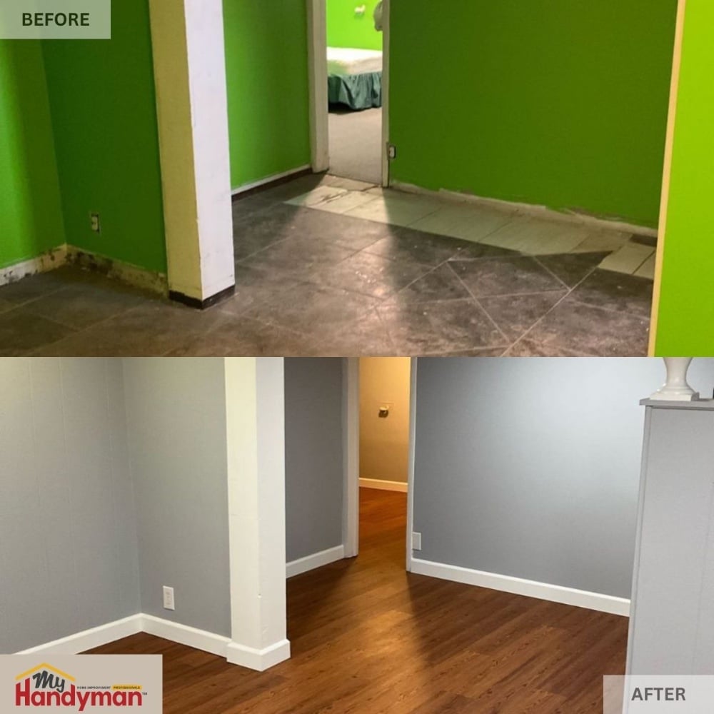 Before-and-after room renovation showing new flooring installation and updated interior paint by My Handyman of Ann Arbor, Saline, and Chelsea.