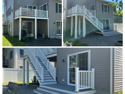 Home exterior with new composite deck and staircase installation.