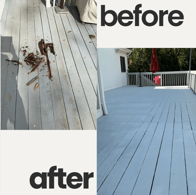 Fixed rotting deck.  Replaced floor boards.  Power washed and painted deck.
