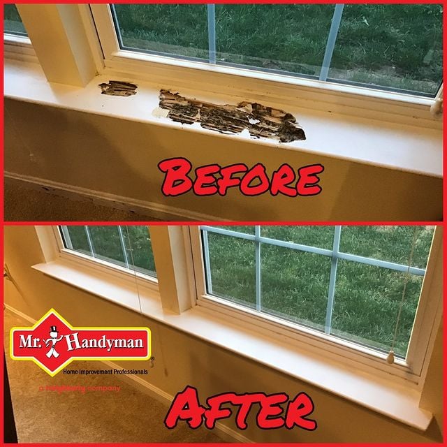 Before and after window repair with wood rot