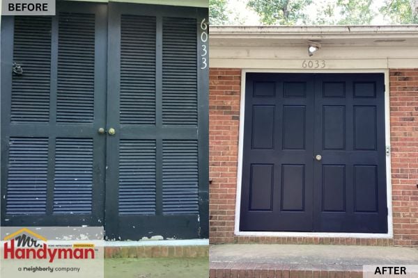 Before and after comparison showing a door replacement by Mr. Handyman of South Charlotte featuring transformation from old louvered doors to new solid black double doors framed in white trim.