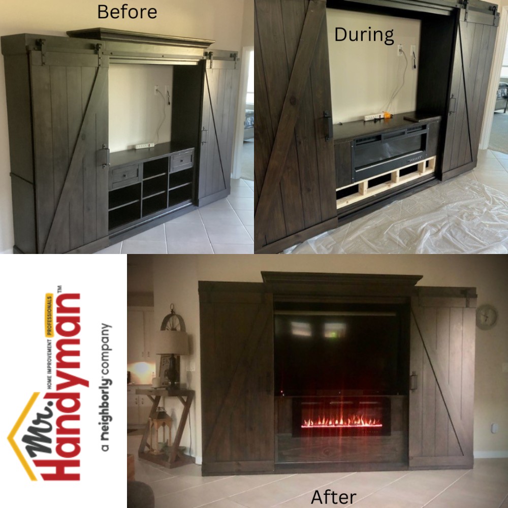 Electrical fireplace installed in TV wall unit.