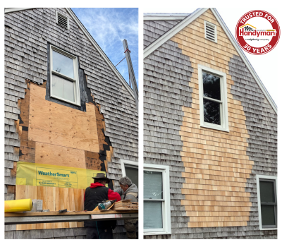 Home exterior repair showing service professionals replacing cedar shingles.