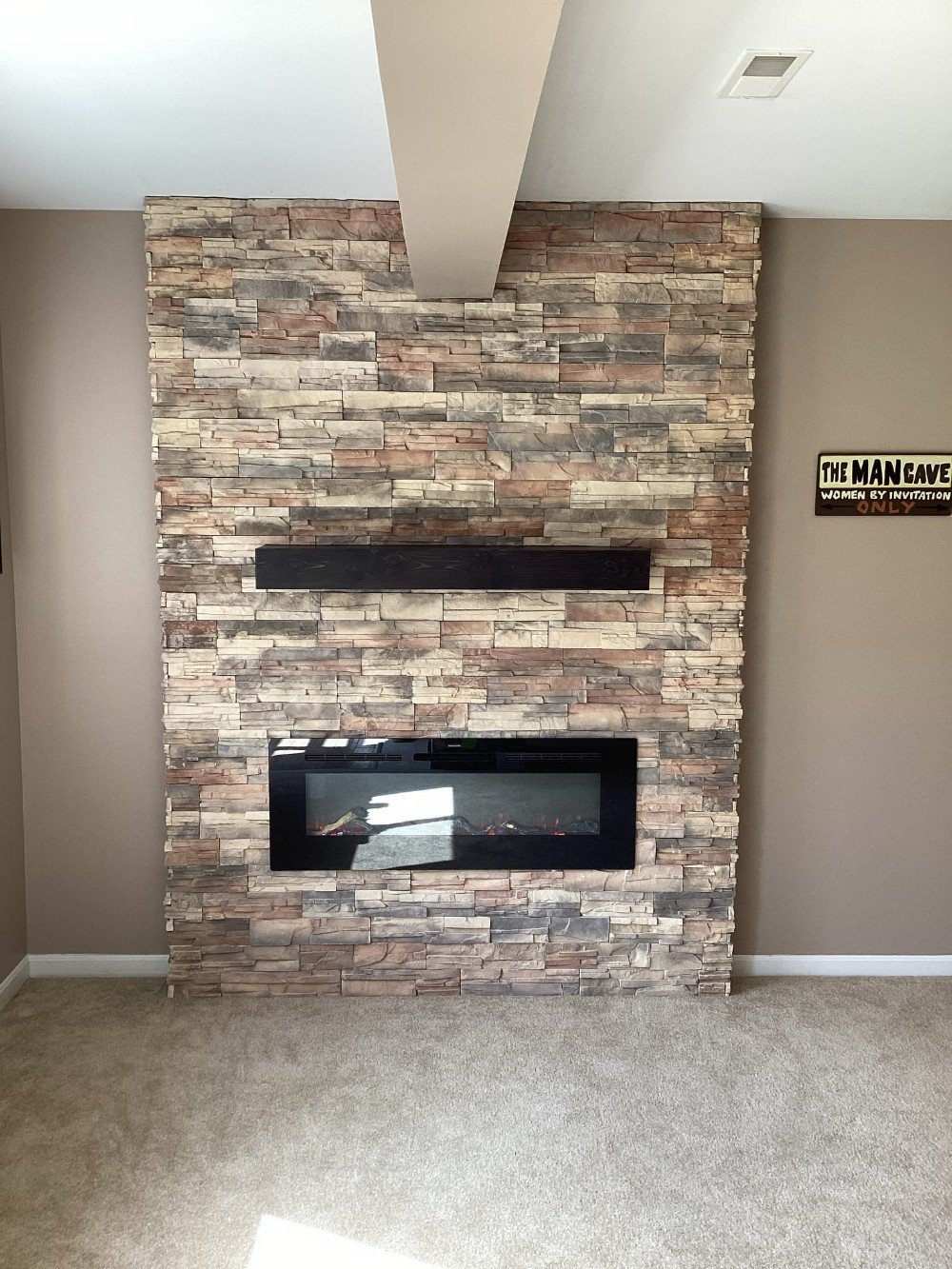 Faux stone, fireplace, & mantel