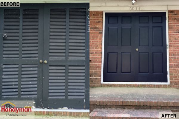 Before and after comparison showing a front door repair by Mr. Handyman of South Charlotte—left side with old louvered doors, right side with new smooth black double doors framed in white trim.