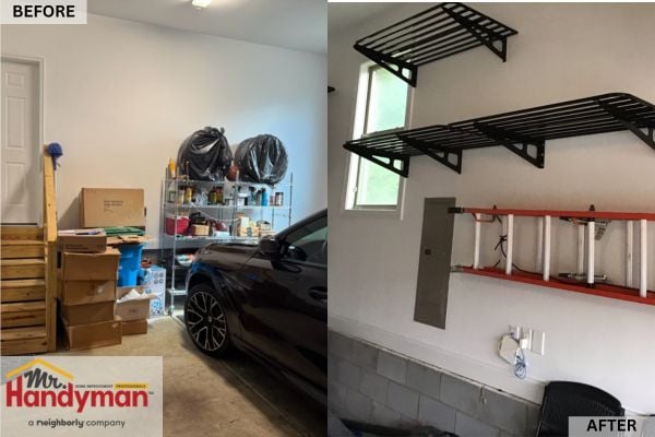 Before and after comparison showing a garage organization project by Mr. Handyman of South Charlotte, featuring transformation from cluttered shelves to clean wall-mounted metal shelving for better storage.