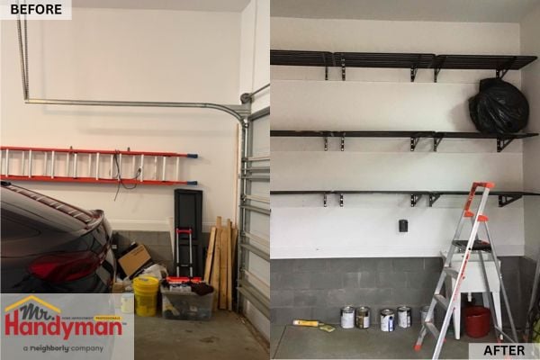 Before and after comparison of a garage organization project by Mr. Handyman of South Charlotte showing transformation from a cluttered area to a neatly arranged space with new wall-mounted metal shelving.