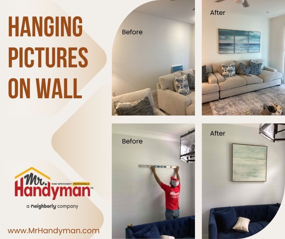 Hanging pictures on wall.