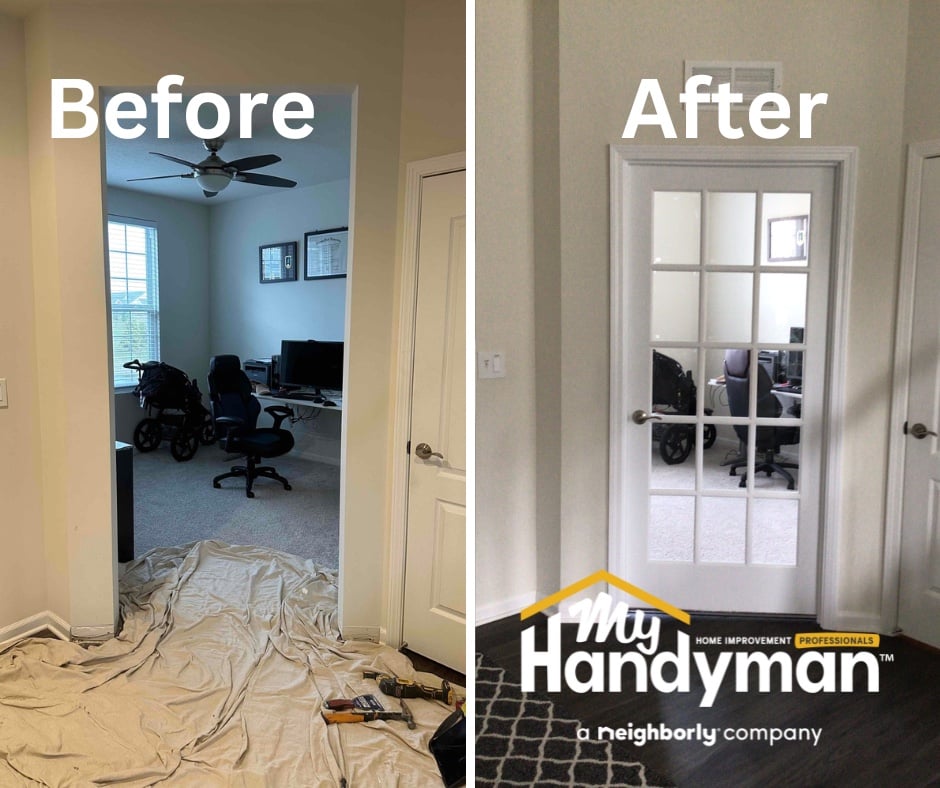 Before and after photos showcasing the conversion of an open room entryway into a space with a door. The 'before' image depicts the room's original state, featuring an open archway that provides unrestricted access and visibility between rooms, lacking privacy. The 'after' photo reveals the transformation, where the open archway has been replaced with a well-crafted door, fitting perfectly into the existing frame. The door is closed in the image, illustrating how the new addition offers the opti