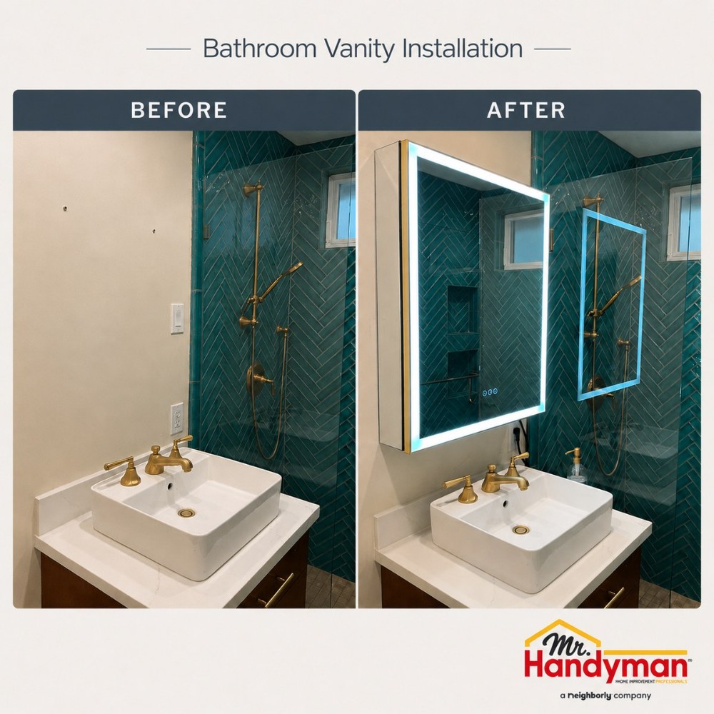Before and after photos of a bathroom with a new lighted mirror cabinet installed above the vessel sink vanity
