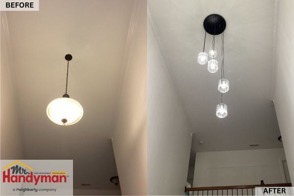 Before and after comparison of a lighting upgrade by Mr. Handyman of South Charlotte showing replacement of a single dome fixture with a modern hanging pendant featuring multiple glass globe lights.