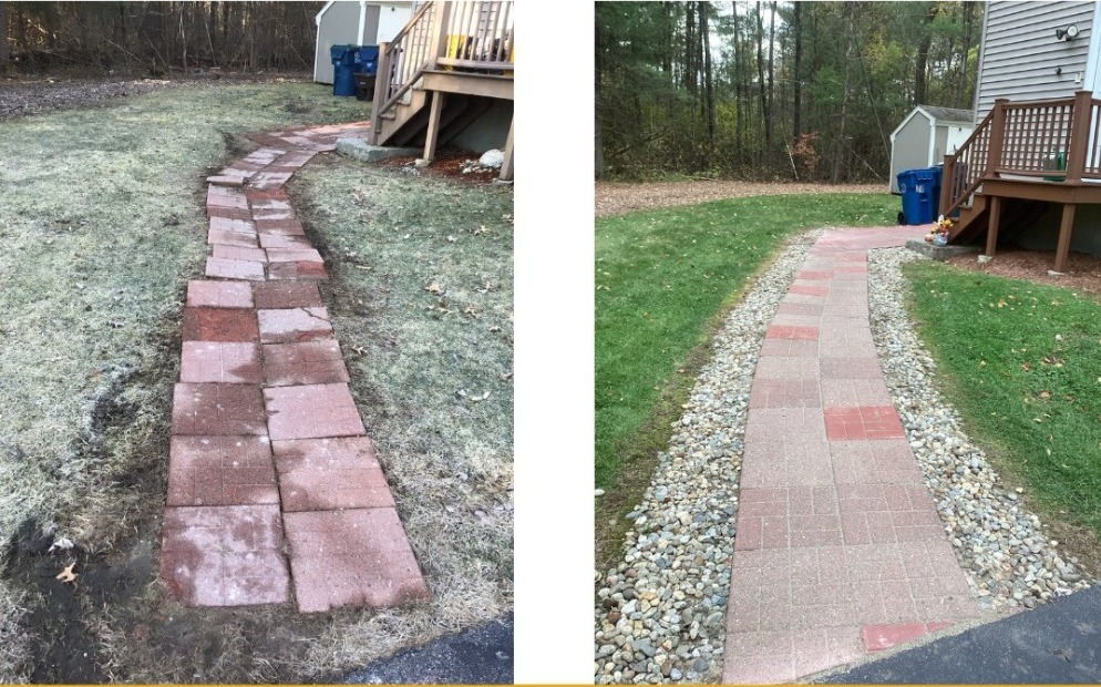 Before and after image of a damaged patio walkway replaced with a new patio path by Mr. Handyman of Lowell, Andover and Haverhill