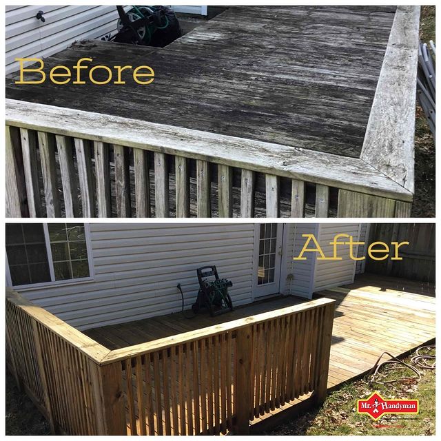 Power washing wooden deck before and after.