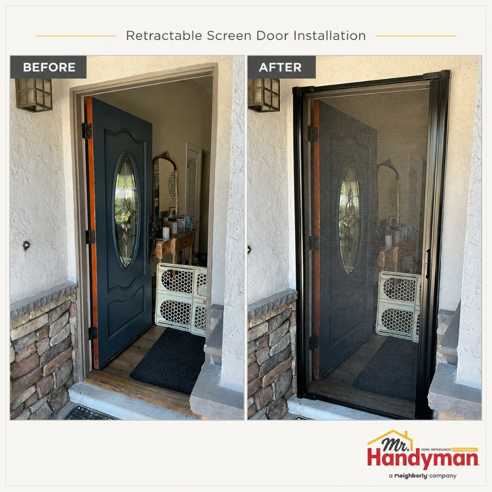 Before and after photos of a front entry with a new black retractable screen door installed in the doorway