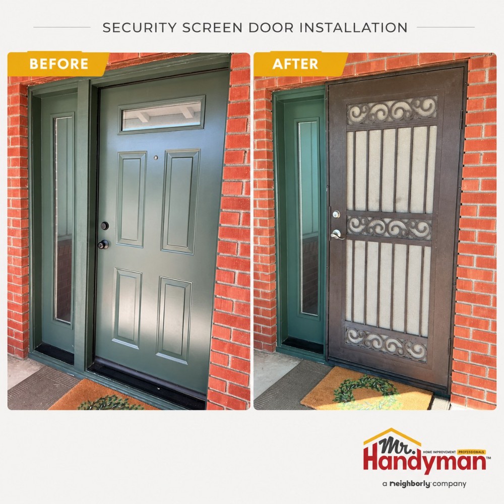 Before and after photos of a green front door with a new bronze decorative security screen door installed