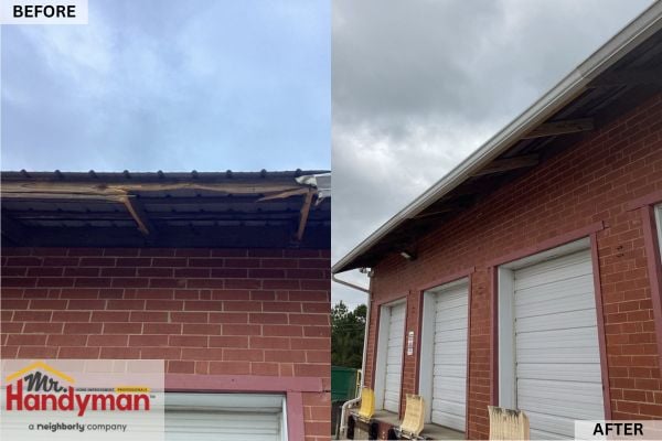 Before and after comparison of a commercial soffit and fascia repair by Mr. Handyman of South Charlotte showing replacement of rotted wood and damaged roof edges with new, sturdy materials.