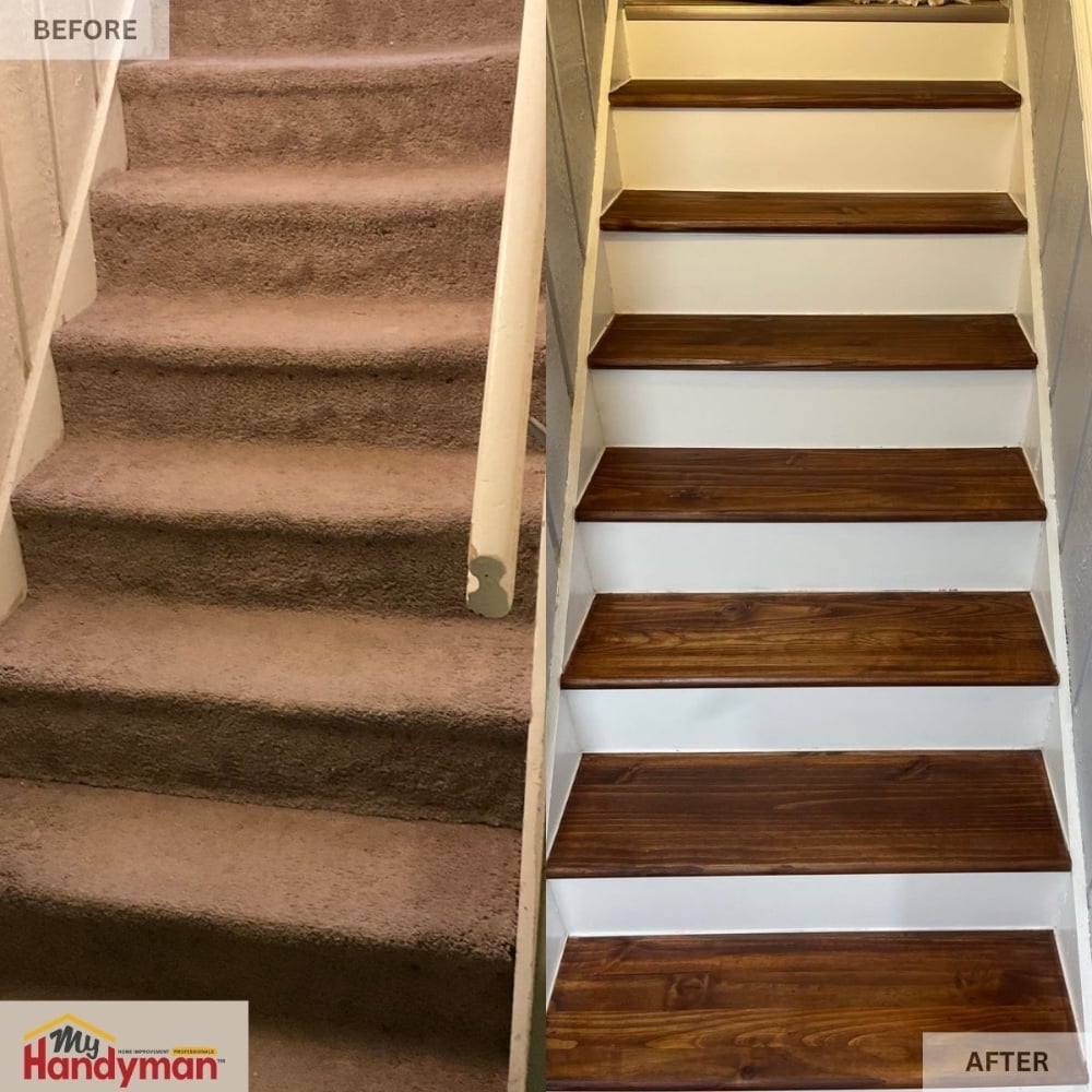 Before-and-after staircase renovation showing carpeted stairs replaced with stained wood treads by My Handyman of Ann Arbor, Saline, and Chelsea.