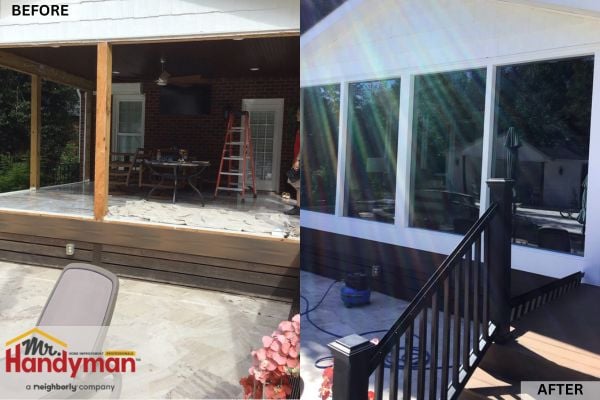 Before and after comparison of a patio enclosure by Mr. Handyman of South Charlotte showing transformation from an open porch with wood posts to an enclosed sunroom with large windows and new railings.