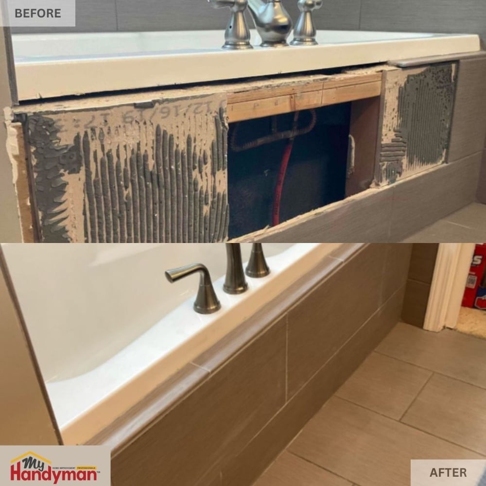 Before-and-after bathtub tile surround repair showing damaged wall area replaced with a finished tiled surround by My Handyman of Ann Arbor, Saline, and Chelsea.