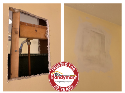 Wall repair showing a cutout for plumbing and the finished patch.