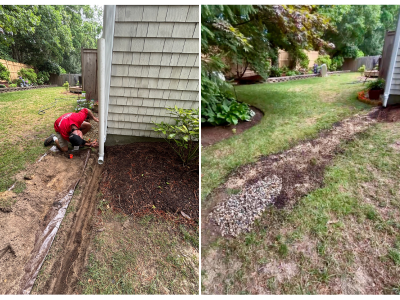 Side-by-side image showing a service professional installing a drainage pipe and the completed trench.