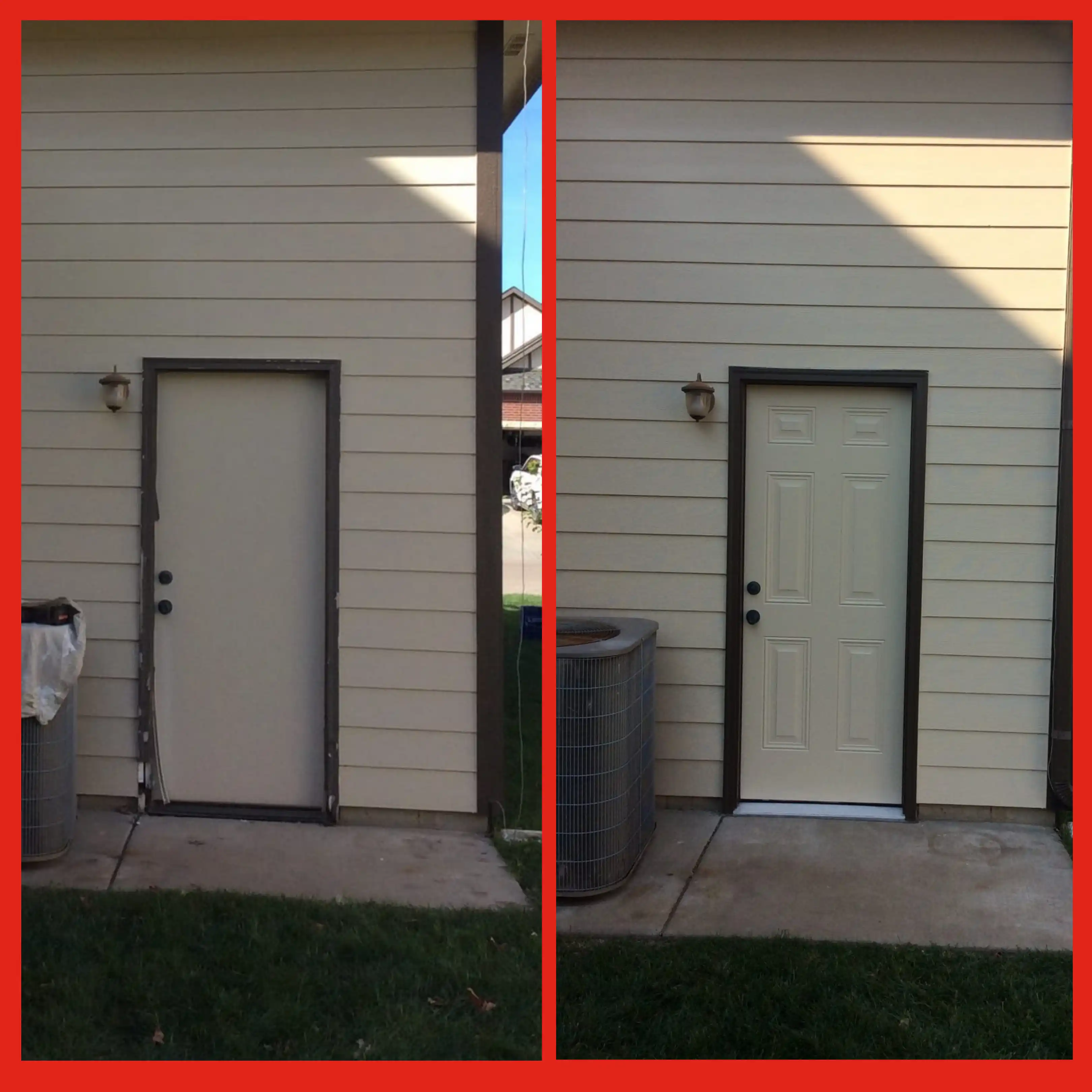 The back door of a home before and after it has been replaced, and the frame has been repaired by Mr. Handyman