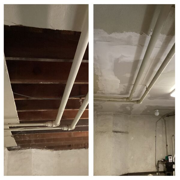Photos from before and after Mr. Handyman took care of ceiling drywall repair in Bartlett, IL.