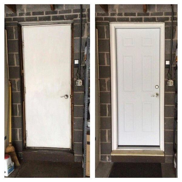 Before and after of door repair in Bloomingdale, IL, performed by the team at Mr. Handyman.