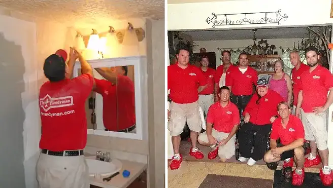 On left: Mr. Handyman technician replacing bathroom light fixture, on right: the 2011 team photo in veteran's home for National Day of Service.