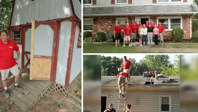 Clockwise from left: Mr. Handyman technician standing next to a wood shed, the 2012 team photo in front of veteran's home for National Day of Service, and one Mr. Handyman technician on roof of house and one climbing a ladder up to the roof.