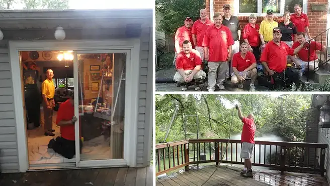 Clockwise from left: Mr. Handyman technician replacing sliding glass back door, the 2013 team photo in front of veteran's house for National Day of Service, and a Mr. Handyman technician power washing wood deck.