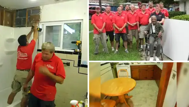 Clockwise from left: Two Mr. Handyman technicians repairing bathroom wall above shower, the 2014 team photo with veteran William M. Martin for National Day of Service, and a new kitchen floor installed during National Day of Service.