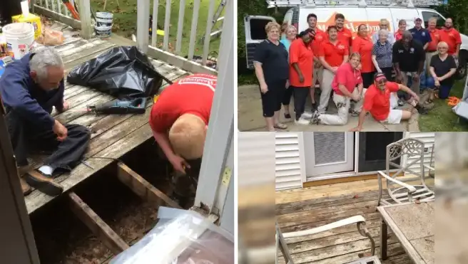 Clockwise from left: Two Mr. Handyman technicians repairing wood deck, the 2015 team photo in front of veteran's home for National Day of Service, and a wood deck with new pieces of wood visible by the door to the house, with a patio table in the foreground.