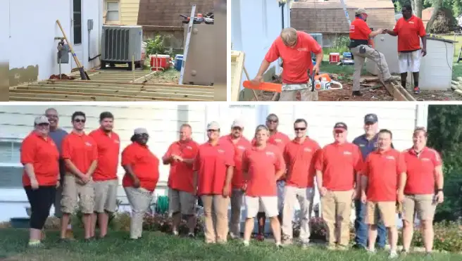 Clockwise from top left: 2016 team photo in front of veteran's home for National Day of Service, Mr. Handyman technicians repairing veteran's deck, and the deck in the midst of being repaired, with new wood slats visible.