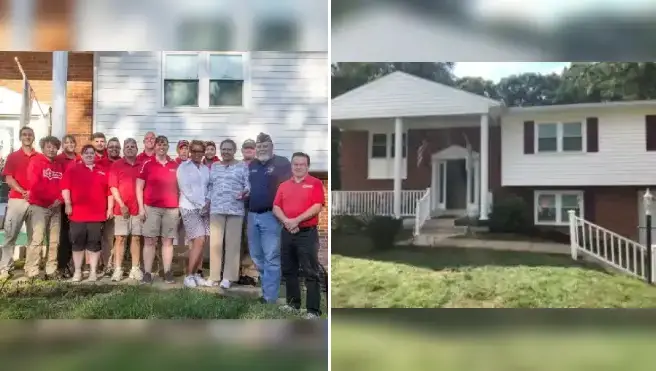 On the left: 2017 team photo in front of veteran's home for National Day of Service, on the right: Front of veteran's home with new stair railings installed.