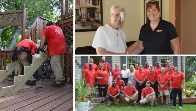 Clockwise from left: Mr. Handyman technicians fixing deck stairs, Mr. Handyman owner Jo McCabe shaking hands with veteran in living room, and 2018 team photo in front of veteran's home for National Day of Service.