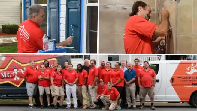 Clockwise from top left: Mr. Handyman technician painting window shutters, Mr. Handyman technician fixing a shower head, and the Mr. Handyman team together in front of the Steinways' home.