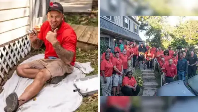 On left: Mr. Handyman technician painting the exterior of a home, on right: 2022 team photo in front of veteran's home for National Day of Service.