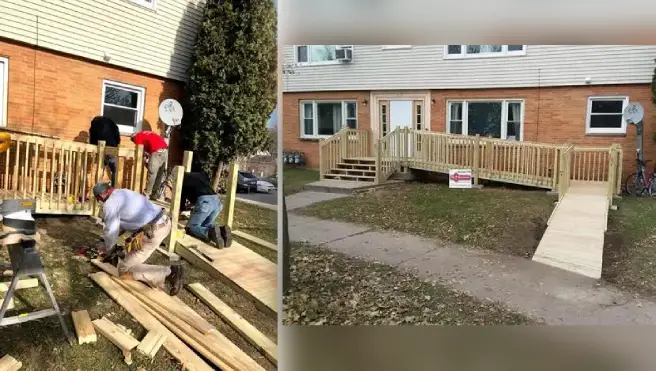 On the right, Mr. Handyman technicians outside of veteran's home building wheelchair ramp; on the left: the finished wheelchair ramp and stairs outside the veteran's home.