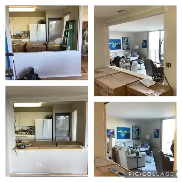 Before and after photo showcasing wall opening for kitchen in Wheaton home by Mr. Handyman