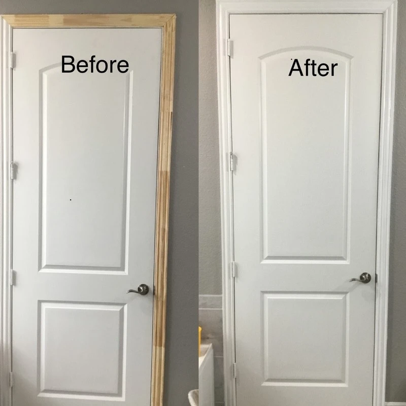 Before and after images of custom door frame replacement by a finish carpenter in McKinney, TX.