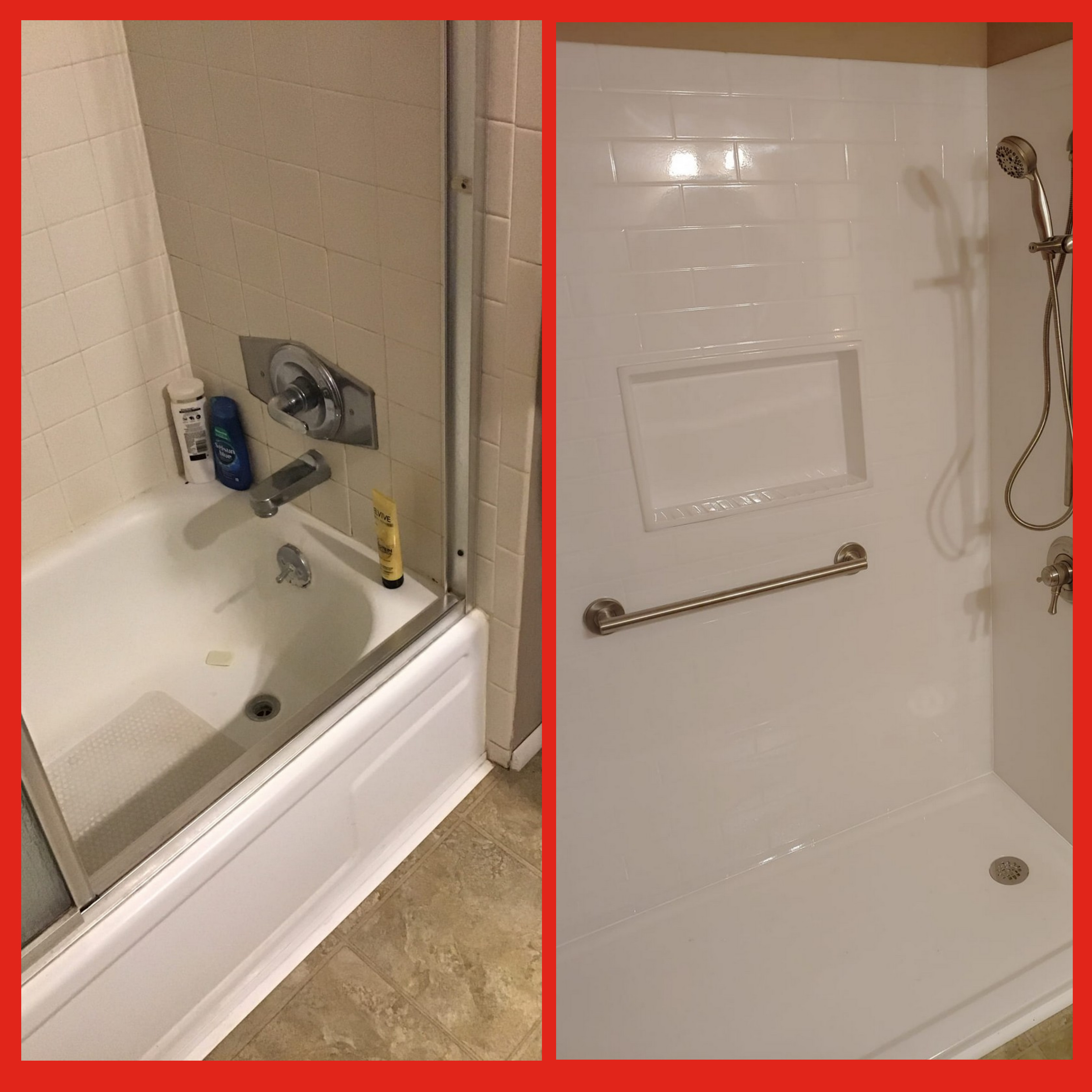 Photos of a residential shower before and after it has been converted from a combination bathtub shower to a standing shower by Mr. Handyman.