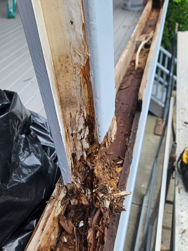 Crumbling wood on a home&rsquo;s exterior requiring wood rot repair. Mason, OH services from Mr. Handyman.