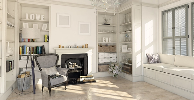 Room with a chair, hanging light, and wall-mounted shelves.