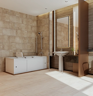 Modern bathroom featuring a white freestanding tub, sleek sink, large mirror, and elegant stone tiles in soft neutral tones.